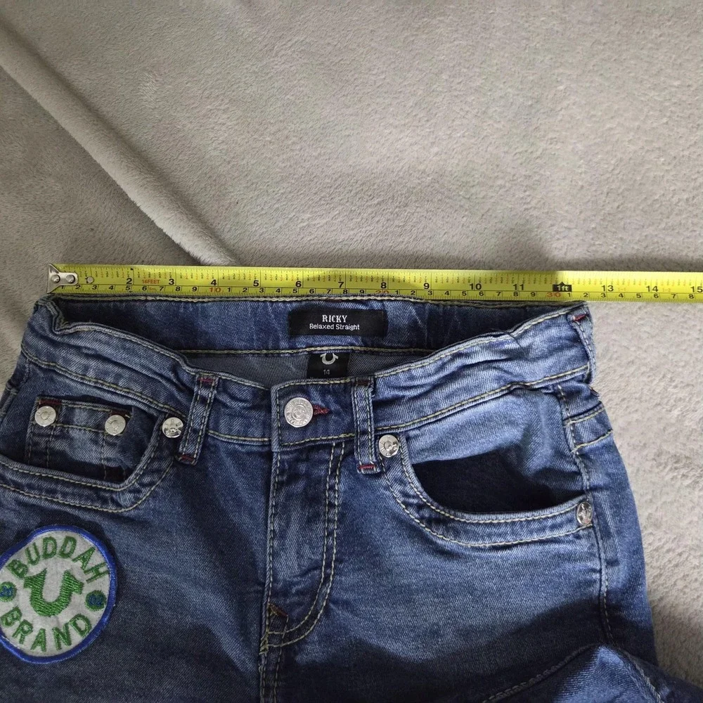 True Religion Jeans Youth 14 Blue Ricky Relaxed Straight Stretch Denim Patches